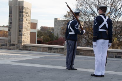 Blacksburg, Va., Nov. 10- The Rock Memorial— Two cadets change positions as one cadet completes his time guarding the rock while the other prepares to stand guard. Photo: Alexis Johnson.